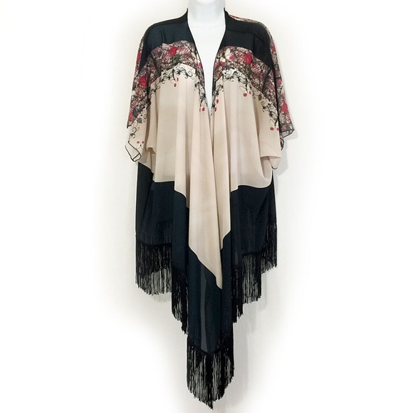 Steady Threads Studio Accessories - Long Fringed Rose & Butterfly Kimono Scarf Jacket
